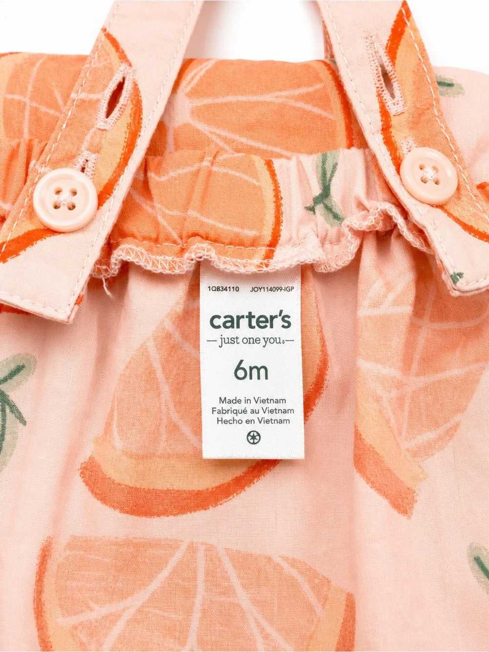 Carter's Peach & Orange Citrus Print Baby Romper 3-6 M.